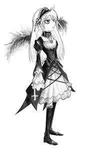 Rating: Safe Score: 0 Tags: 1girl auto_tagged boots dress frills full_body greyscale hairband high_heel_boots high_heels image knee_boots long_hair long_sleeves monochrome solo standing suigintou white_background wings User: admin