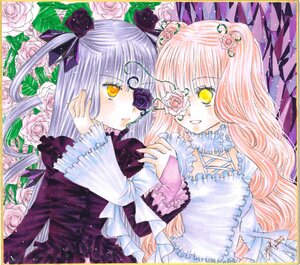 Rating: Safe Score: 0 Tags: 2girls barasuishou blue_rose dress eyepatch flower frills hair_ornament image kirakishou long_hair marker_(medium) multiple_girls pair pink_flower pink_rose purple_flower purple_rose red_flower red_rose rose shikishi signature silver_hair smile thorns traditional_media white_rose yellow_eyes User: admin