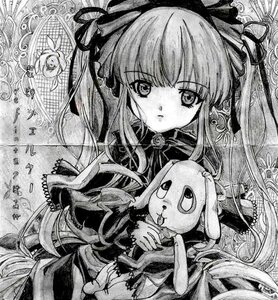 Rating: Safe Score: 0 Tags: 1girl dress gothic_lolita greyscale hair_ribbon image lolita_fashion long_hair monochrome ribbon rose shinku solo stuffed_animal traditional_media twintails very_long_hair User: admin