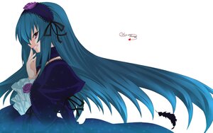 Rating: Safe Score: 0 Tags: 1girl blue_hair dress flower frills hairband image lolita_hairband long_hair long_sleeves ribbon rose simple_background solo suigintou very_long_hair white_background wings User: admin