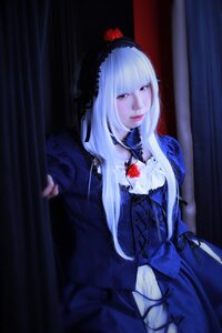 Rating: Safe Score: 0 Tags: 1girl bangs blue_dress curtains dress flower long_hair long_sleeves solo suigintou white_hair User: admin
