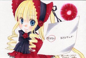 Rating: Safe Score: 0 Tags: 1girl blonde_hair blue_eyes blush bonnet bow bowtie dated drill_hair flower image long_hair looking_at_viewer marker_(medium) photo rose shinku simple_background smile solo traditional_media twin_drills white_background User: admin