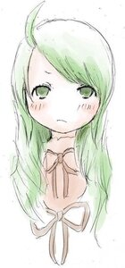 Rating: Safe Score: 0 Tags: 1girl :< ahoge bangs blush closed_mouth dress eyebrows_visible_through_hair green_eyes green_hair image kanaria long_hair looking_at_viewer neck_ribbon ribbon simple_background solo striped upper_body vertical_stripes white_background User: admin