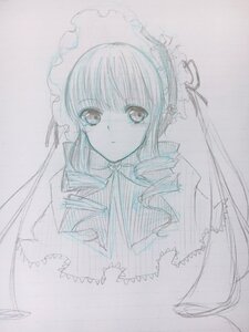 Rating: Safe Score: 0 Tags: 1girl bangs capelet closed_mouth expressionless eyebrows_visible_through_hair frills image long_hair looking_at_viewer monochrome shinku simple_background sketch solo traditional_media upper_body User: admin