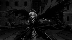 Rating: Safe Score: 0 Tags: 1girl bat_wings cross dress greyscale image monochrome remilia_scarlet solo suigintou wings User: admin