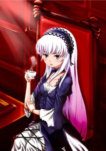 Rating: Safe Score: 0 Tags: 1girl blush dress frills hairband image juliet_sleeves long_hair long_sleeves looking_at_viewer silver_hair sitting solo suigintou very_long_hair User: admin