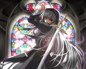 Rating: Safe Score: 0 Tags: 1girl dress flower frilled_sleeves frills hairband holding image long_hair long_sleeves looking_at_viewer red_eyes rose silver_hair solo stained_glass suigintou very_long_hair weapon wings User: admin