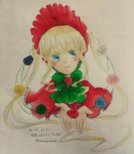 Rating: Safe Score: 0 Tags: 1girl blonde_hair blue_eyes bonnet bow bowtie dress flower green_bow hat image long_hair long_sleeves looking_at_viewer photo red_dress red_flower rose shinku sidelocks simple_background smile solo traditional_media twintails User: admin