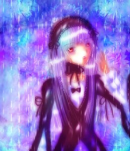 Rating: Safe Score: 0 Tags: 1girl bangs black_bow bow detached_collar dress frills hairband image long_hair long_sleeves looking_at_viewer rain red_eyes silver_hair solo suigintou water User: admin