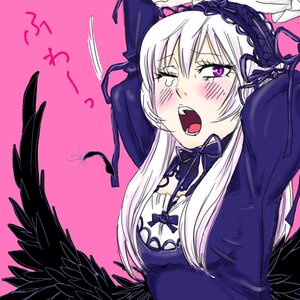 Rating: Safe Score: 0 Tags: 1girl arms_up artist_request black_wings blush breasts dress feathered_wings feathers gothic_lolita hairband image lolita_fashion lolita_hairband long_hair long_sleeves open_mouth pink_background purple_eyes rose rozen_maiden silver_hair solo suigintou wings yawning User: admin