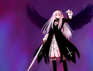 Rating: Safe Score: 0 Tags: 1girl black_wings dress feathered_wings hairband image long_hair long_sleeves purple_background red_eyes solo standing suigintou sword weapon wings User: admin