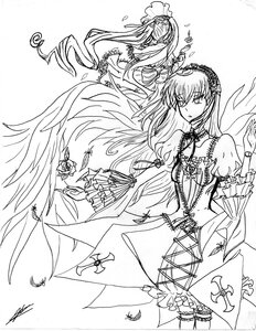 Rating: Safe Score: 0 Tags: 1girl dress flower frills greyscale hairband image long_hair long_sleeves monochrome pair rose shinku solo suigintou very_long_hair wings User: admin