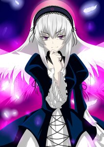 Rating: Safe Score: 0 Tags: 1girl cowboy_shot detached_collar dress frilled_sleeves frills hairband image juliet_sleeves lolita_hairband long_hair long_sleeves looking_at_viewer pink_eyes silver_hair smile solo suigintou wings User: admin