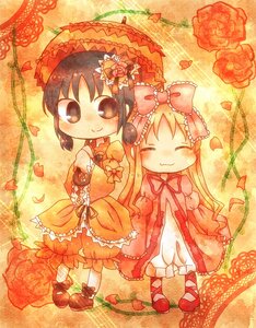 Rating: Safe Score: 0 Tags: 2girls black_hair blonde_hair bow closed_eyes dress flower hair_bow image long_hair multiple_girls petals rose shinku smile solo traditional_media umbrella User: admin