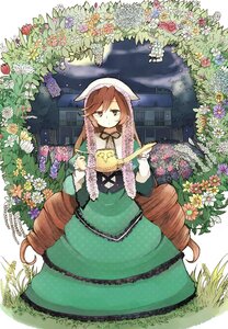 Rating: Safe Score: 0 Tags: 1girl bonnet brown_hair dress flower frills green_dress green_eyes head_scarf heterochromia holding image lolita_fashion long_hair long_sleeves looking_at_viewer pink_flower solo suiseiseki very_long_hair watering_can User: admin