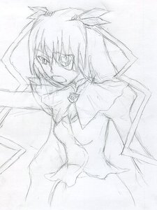 Rating: Safe Score: 0 Tags: 1girl barasuishou cape dress image long_hair long_sleeves looking_at_viewer monochrome open_mouth simple_background sketch solo twintails upper_body white_background User: admin