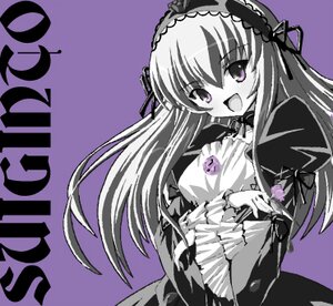 Rating: Safe Score: 0 Tags: 1girl :d dress flower frills hairband image long_hair long_sleeves looking_at_viewer monochrome open_mouth purple_background purple_theme rose simple_background smile solo suigintou text_focus wings User: admin