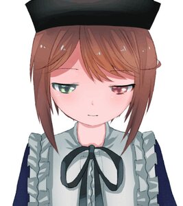 Rating: Safe Score: 0 Tags: 1girl apron blush brown_eyes brown_hair closed_mouth dress eyebrows_visible_through_hair frills hat image looking_at_viewer simple_background solo souseiseki white_background User: admin