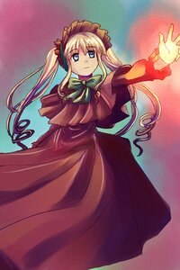 Rating: Safe Score: 0 Tags: 1girl blonde_hair blue_eyes bow bowtie capelet dress green_bow green_neckwear image long_hair long_sleeves looking_at_viewer red_dress shinku solo twintails User: admin