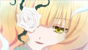 Rating: Safe Score: 0 Tags: 1girl bangs blonde_hair blurry blurry_background blurry_foreground close-up depth_of_field eyebrows_visible_through_hair face flower hair_ornament image kirakishou long_hair looking_at_viewer rose solo white_flower white_rose yellow_eyes User: admin