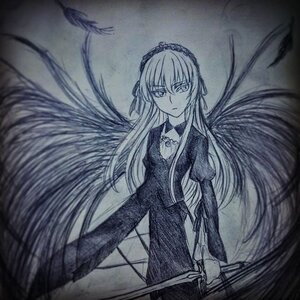 Rating: Safe Score: 0 Tags: 1girl dress frills image long_hair long_sleeves looking_at_viewer monochrome solo standing suigintou traditional_media very_long_hair wings User: admin