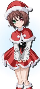 Rating: Safe Score: 0 Tags: 1girl blush boots brown_hair capelet christmas green_eyes hat heterochromia image long_sleeves red_eyes santa_costume santa_hat short_hair smile solo souseiseki striped User: admin