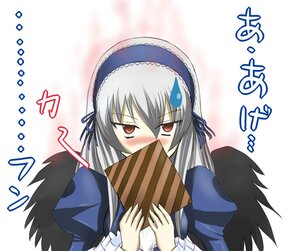 Rating: Safe Score: 0 Tags: 1girl black_wings blush covering_mouth dress frills gift hairband image juliet_sleeves long_hair long_sleeves looking_at_viewer puffy_sleeves red_eyes silver_hair simple_background solo suigintou upper_body valentine white_background wings User: admin