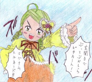 Rating: Safe Score: 0 Tags: 1girl ahoge blonde_hair dress drill_hair green_eyes green_hair hair_ornament image kanaria long_hair open_mouth pointing smile solo traditional_media twin_drills User: admin