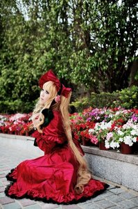 Rating: Safe Score: 0 Tags: 1girl blonde_hair blue_eyes bow dress flower long_hair red_dress shinku sitting solo very_long_hair User: admin