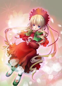 Rating: Safe Score: 0 Tags: 1girl blonde_hair blue_eyes bonnet bow bowtie cup dress flower full_body green_bow green_neckwear image long_hair long_sleeves looking_at_viewer red_dress shinku shoes solo standing twintails User: admin