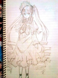 Rating: Safe Score: 0 Tags: 1girl dress frills full_body image long_hair long_sleeves looking_at_viewer monochrome shinku solo standing twintails very_long_hair User: admin