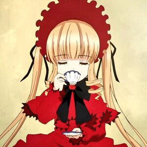 Rating: Safe Score: 0 Tags: 1girl blonde_hair bonnet bow bowtie closed_eyes cup dress holding_cup image long_hair long_sleeves rose saucer shinku solo table tea teacup yellow_background User: admin