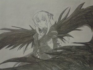 Rating: Safe Score: 0 Tags: 1girl black_wings dress feathered_wings greyscale image long_hair long_sleeves looking_at_viewer monochrome simple_background solo suigintou traditional_media wings User: admin