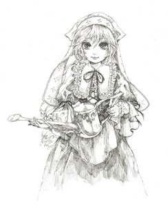 Rating: Safe Score: 0 Tags: 1girl dress frills greyscale holding image long_sleeves looking_at_viewer monochrome ribbon smile solo suiseiseki traditional_media User: admin