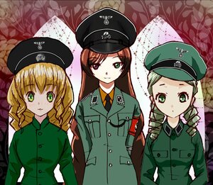 Rating: Safe Score: 0 Tags: 3girls brown_hair drill_hair green_eyes green_hair hat heterochromia image long_hair looking_at_viewer military military_uniform multiple multiple_girls red_eyes smile tagme twin_drills uniform User: admin