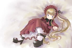 Rating: Safe Score: 0 Tags: 1girl blonde_hair blue_eyes bonnet bow dress full_body image long_hair long_sleeves lying on_side red_dress shinku shoes solo twintails underwear User: admin