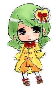 Rating: Safe Score: 0 Tags: 1girl bangs blush bow closed_mouth dress full_body green_hair image kanaria long_sleeves looking_at_viewer red_bow simple_background solo standing white_background yellow_dress User: admin
