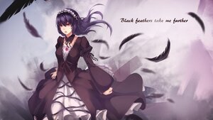 Rating: Safe Score: 0 Tags: 1girl bird black_feathers choker dress feathered_wings feathers hairband image juliet_sleeves lolita_fashion long_hair long_sleeves open_mouth puffy_sleeves purple_eyes purple_hair smile solo suigintou white_feathers wide_sleeves User: admin