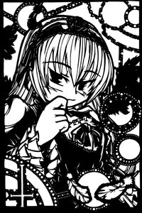 Rating: Safe Score: 0 Tags: 1girl black_border chain flower frills greyscale hairband image looking_at_viewer monochrome rose short_hair solo suigintou upper_body User: admin
