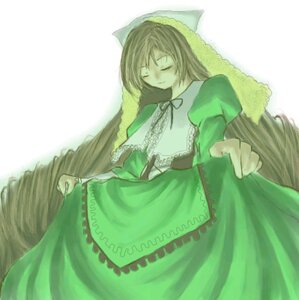 Rating: Safe Score: 0 Tags: 1girl brown_hair closed_eyes dress frills green_dress image long_hair long_sleeves puffy_sleeves simple_background skirt_hold solo suiseiseki very_long_hair white_background User: admin
