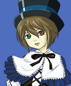 Rating: Safe Score: 0 Tags: 1girl bad_id bad_pixiv_id blue_background brown_hair capelet frills green_eyes hat heterochromia image j._taisa long_sleeves looking_at_viewer red_eyes ribbon rozen_maiden short_hair simple_background smile solo souseiseki top_hat User: admin
