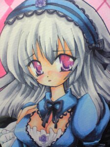 Rating: Safe Score: 0 Tags: 1girl blue_dress blush breasts cleavage dress flower frills hairband image lolita_hairband long_hair long_sleeves looking_at_viewer marker_(medium) puffy_sleeves red_eyes rose silver_hair solo suigintou traditional_media upper_body User: admin