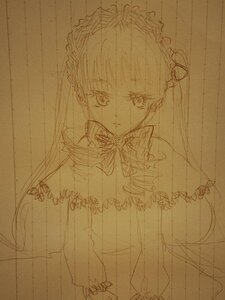 Rating: Safe Score: 0 Tags: 1girl dress frills image lineart long_hair looking_at_viewer monochrome ribbon shinku sketch solo User: admin