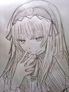 Rating: Safe Score: 0 Tags: 1girl closed_mouth flower hair_flower hair_ornament hair_ribbon hairband image long_hair long_sleeves looking_at_viewer monochrome ribbon rose smile solo suigintou traditional_media User: admin