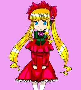 Rating: Safe Score: 0 Tags: 1girl blonde_hair blue_eyes bonnet bow bowtie cowboy_shot dress flower green_bow image long_hair long_sleeves looking_at_viewer pink_background purple_background red_dress shinku sidelocks simple_background solo standing twintails v_arms very_long_hair User: admin