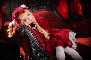 Rating: Safe Score: 0 Tags: 1girl bangs blonde_hair blue_eyes curtains dress flower long_hair long_sleeves looking_at_viewer realistic red_dress rose shinku sitting solo twintails User: admin
