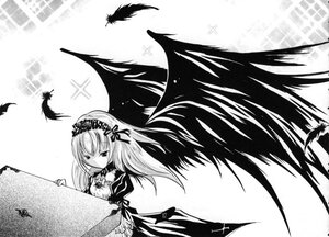 Rating: Safe Score: 0 Tags: 1girl bird black_wings dress feathered_wings feathers flower greyscale hairband image lolita_hairband long_hair long_sleeves monochrome ribbon rose solo suigintou wings User: admin