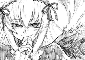 Rating: Safe Score: 3 Tags: 1girl finger_to_mouth greyscale hair_ribbon image index_finger_raised long_hair looking_at_viewer monochrome ribbon smile solo suigintou User: admin