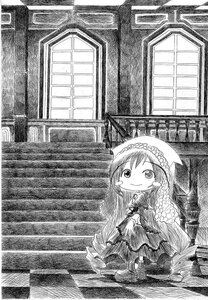 Rating: Safe Score: 0 Tags: 1girl chibi dress frills greyscale image indoors long_hair long_sleeves monochrome sitting smile solo suiseiseki traditional_media window User: admin