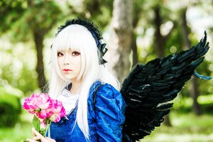 Rating: Safe Score: 0 Tags: 1girl bangs black_wings blurry blurry_background bokeh closed_mouth depth_of_field dress feathered_wings feathers flower hairband holding lips long_hair looking_at_viewer red_eyes solo suigintou upper_body white_hair wings User: admin